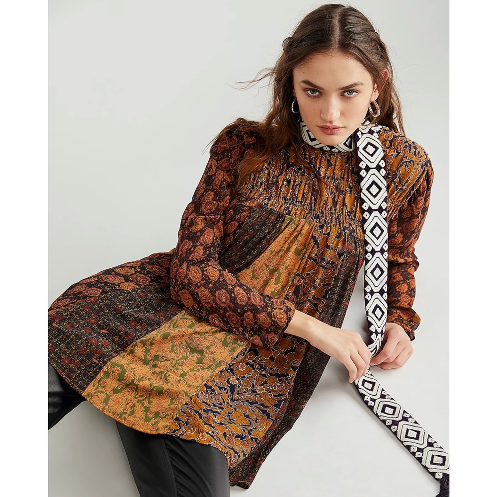 Free People Patchwork Floral Tunic in Brown & Mustard